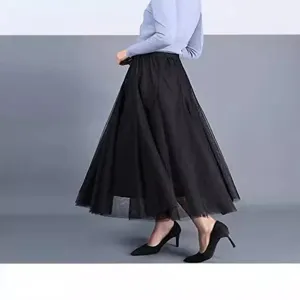 Classic black mesh long skirt for women, elegant high waist layered tulle maxi skirt for summer.