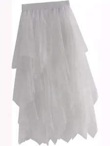 Jupe longue en tulle blanc à volants pour femme, élégante jupe de plage d'été taille haute.