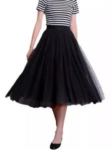 Black mesh tutu skirt for women, high-waisted pleated midi tulle skirt, chic summer daily wear.