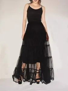 Dames hoge taille zwarte tule maxi rok, elegante lange gelaagde rok voor dames mode.