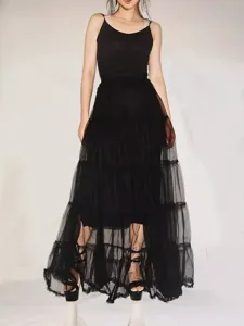Zwarte hoge taille tulen maxi rok en top set, elegante dames gelaagde tulle lange rok.