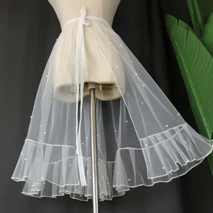 White sheer mesh wrap skirt with pearls, lightweight detachable tulle skirt for summer layering.