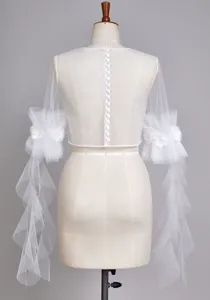 White sheer bridal top sleeve detailed lace flower pearl button back elegant wedding accessory