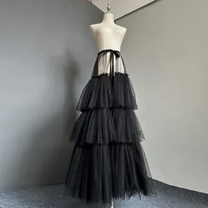 Black layered tulle skirt for women, long fluffy tutu skirt with elastic waist for party events.