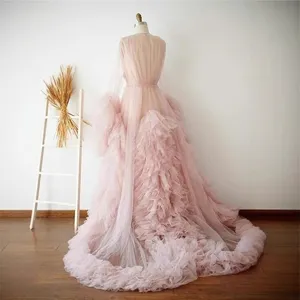 Long tulle wedding cape cloak pink ruffled bridal gown stage performance evening dress design
