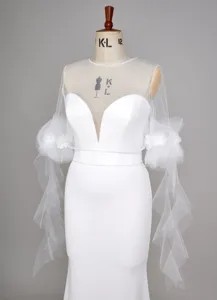 White evening dress sheer tulle long sleeve ruffle floral wedding gown elegant formal wear