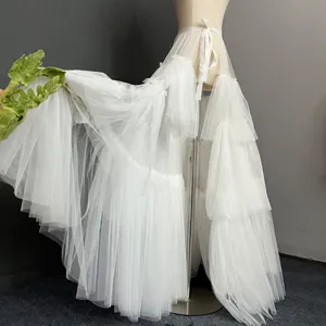 Women white tiered tulle skirt long trailing petticoat princess party dance skirt detail