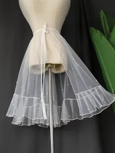 White pearl tulle mesh wrap skirt sheer summer tiered ruffled tie waist mini skirt women