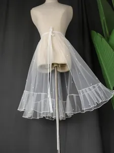 White mesh pearl half skirt women summer detachable wrap lace up short tulle skirt