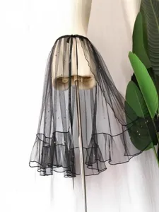 Black mesh tulle skirt with pearls sheer tie-up wrap mini skirt summer women fashion apparel