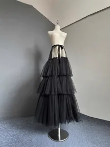 Women Elegant Multi-Layer Mesh Tutu Maxi Skirt High Waist Elastic Tulle Party Prom Princess Long Skirt For Ladies