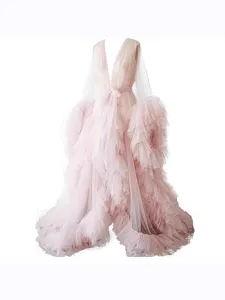 Women's Elegant Bridal Mesh Cape Long Sleeve Trailing Wedding Cloak Deep V-Neck Ruffle Sleeve Floor Length Evening Dress Shawl