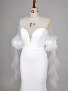 Women's Sheer Mesh Wedding Bolero Shrug Sweet 3D Floral Ruffled Sleeve Back Button Top Bridal Accessories For Photography Party