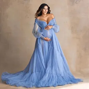 Umstands Tüllkleid Fotoshooting Abendkleid tief V schulterfrei langarm Schleppe Kleid