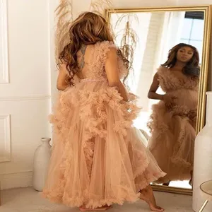 Elegant maternity tulle dress sleeveless fluffy ruffled trailing gown for photography studio prop