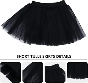 Detail view of black short tulle skirt, elastic waist fluffy mesh skirt for women style.