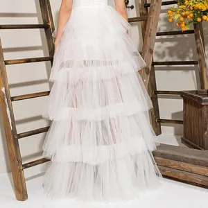 Weisser gestufter Tüll Midirock hohe Taille flauschiger Kuchen Rock elegante Damenmode