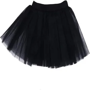 Black mesh tutu skirt detail, elastic waist A-line design, fluffy short mesh skirt overlay.