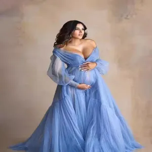 Abito premaman in tulle spalle scoperte scollo V maniche lunghe elegante vestito gravidanza foto