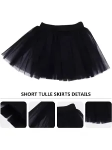 Black short tulle skirt with elastic waist, fashionable A-line tutu half skirt for women.