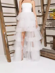Weisse hohe Taille Tüll Stufen Rock Damen lässig elegant fluffig Schichten Midi Rock