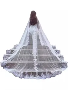 Élégant Manteau de Mariage en Maille Longueur Cathédrale Avec Bordure en Dentelle Cape de Mariée en Tulle Blanc pour Mariage