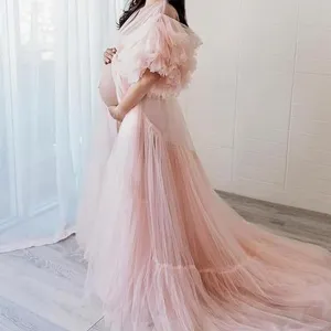 Pink maternity dress long train tulle fluffy gown pregnant photo shoot photography prop