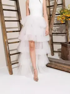 Weißer Tüllrock Damen hoher Bund mehrlagiger Tüll Midirock eleganter Party Kuchen Rock