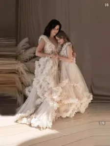 Elegant maternity tulle ruffle long tail dress, sleeveless princess mother daughter gown.
