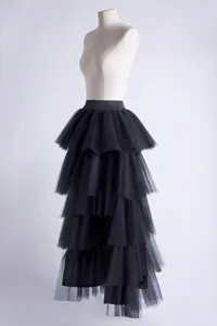 Elegant black tiered tulle skirt for women, voluminous mesh maxi skirt for party and casual wear.