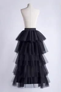 Zwarte gelaagde tullen rok, tiered mesh rok, elegante vintage tutu feestkleding.