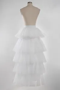 Detailed view of the elegant white multi-layered tulle mesh midi skirt for women