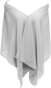 Detailed view of the lightweight gray chiffon shawl, featuring a delicate rolled hem.
