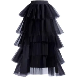 Zwarte gelaagde mesh maxi-rok voor dames, doorzichtige volumineuze tulen rok met hoge taille.