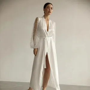 Women French Luxury V-Neck Long Sleeve Robe With Mesh Pearl Decoration Satin Polyester Bride Morning Robe Wedding Nightgown