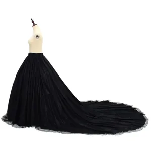 Elegant black mesh long skirt with high waist and dramatic train for dance and events.