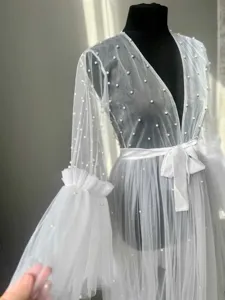 White sheer pearl mesh bridal morning robe with satin belt and long sleeves for women.