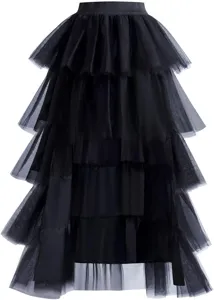 Black tiered tulle mesh skirt detail shot, elegant ruffled cake midi skirt layered design.