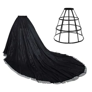 Black mesh long train skirt with crinoline hoop cage, perfect for stage and dance performance.