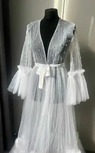 White pearl mesh sheer bridal robe, long flared sleeve nightgown with satin tie belt detail.