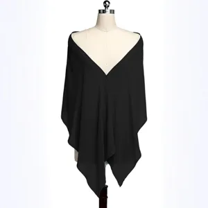 Women black chiffon shawl thin summer sun protection scarf elegant lightweight cape wrap.