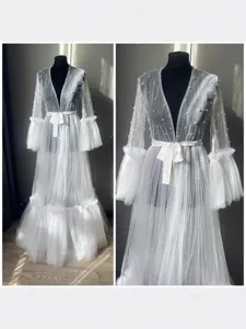 Women Pearl Mesh Robe Dress Sexy Bridal Sleepwear With Sleeves Evening Gown V-Neck Long Sleeve Tie-Front Tulle Bathrobe For Ladies