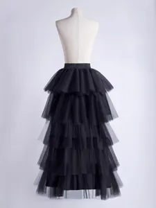 Black tiered mesh tutu skirt for women, elegant high waist fluffy layered midi party skirt.