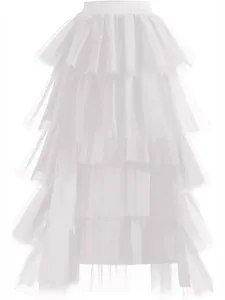 White layered mesh tiered midi skirt, elegant puffy tulle skirt for photography and party.