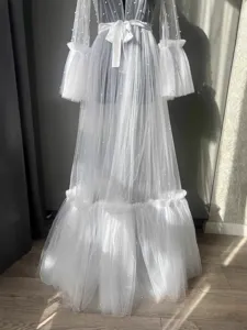 White pearl mesh bridal robe with long sleeves and waist tie, elegant sheer lingerie gown.