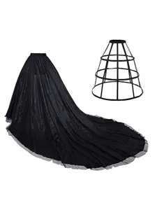 Black high-waist mesh long skirt with hoop crinoline cage for classical dance and party.