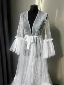 White pearl mesh nightwear morning robe, sexy bridal dress with sleeves and elegant belt.