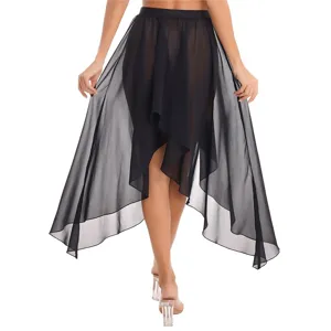 Women's sheer irregular black dance skirt, summer practice mesh wrap skirt for adults.