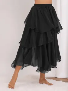 Detailed view of black tiered ruffle midi skirt, lightweight chiffon fabric, elastic high waist.