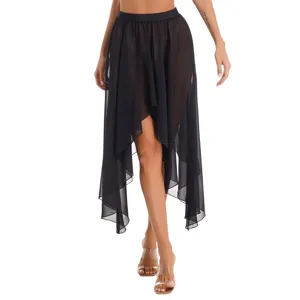 Detailed view of the black asymmetric sheer chiffon dance skirt, lightweight flowy drape design.